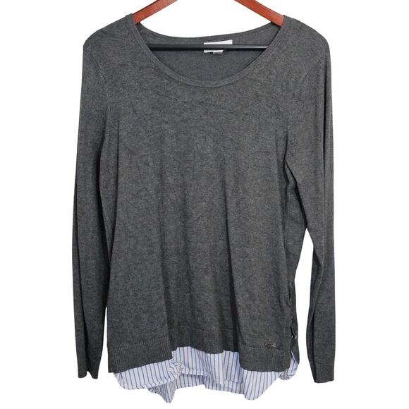 Calvin Klein Sweater Blouse Womens‎ Medium Grey Blue Pinstripe Layered Office - Picture 1 of 6